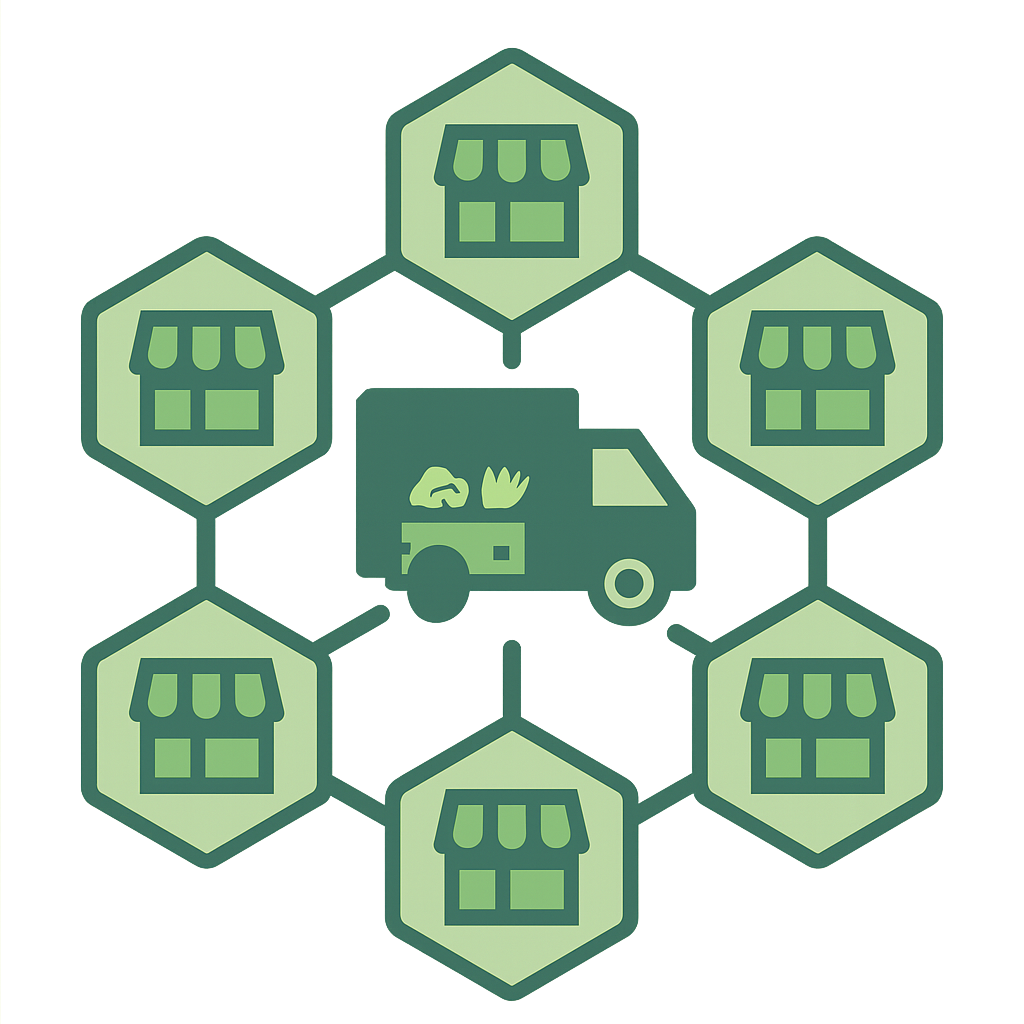 Connected local food ecosystem visualization showing technology empowering community-based food networks